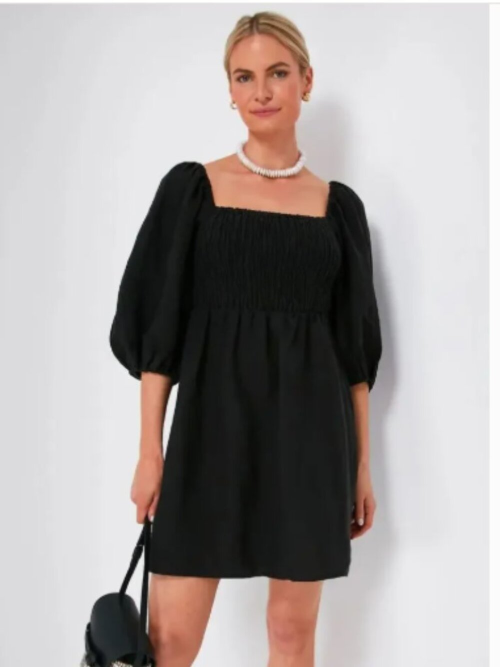 Tuckernuck Annie 100% Linen Smocked Puff Sleeve Mini Dress Black Size Small Boho